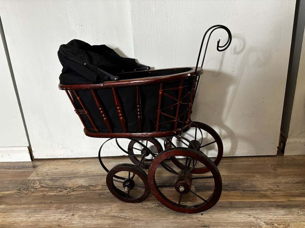Vintage Wooden Doll Carriage with Wicker and Metal Wheels